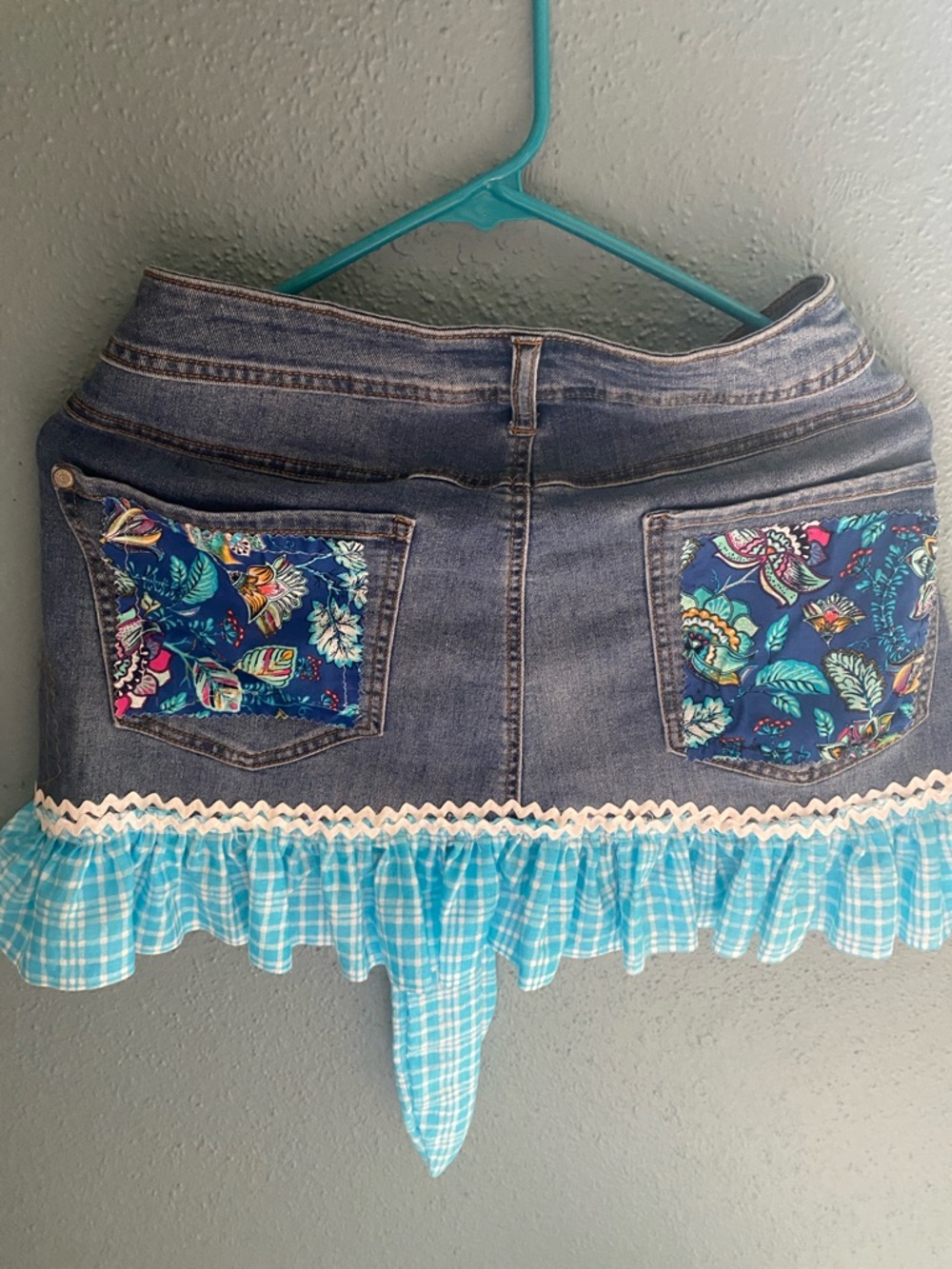 Denim Mini Skirt Apron with Blue Floral Patch Pockets and Gingham Ruffle
